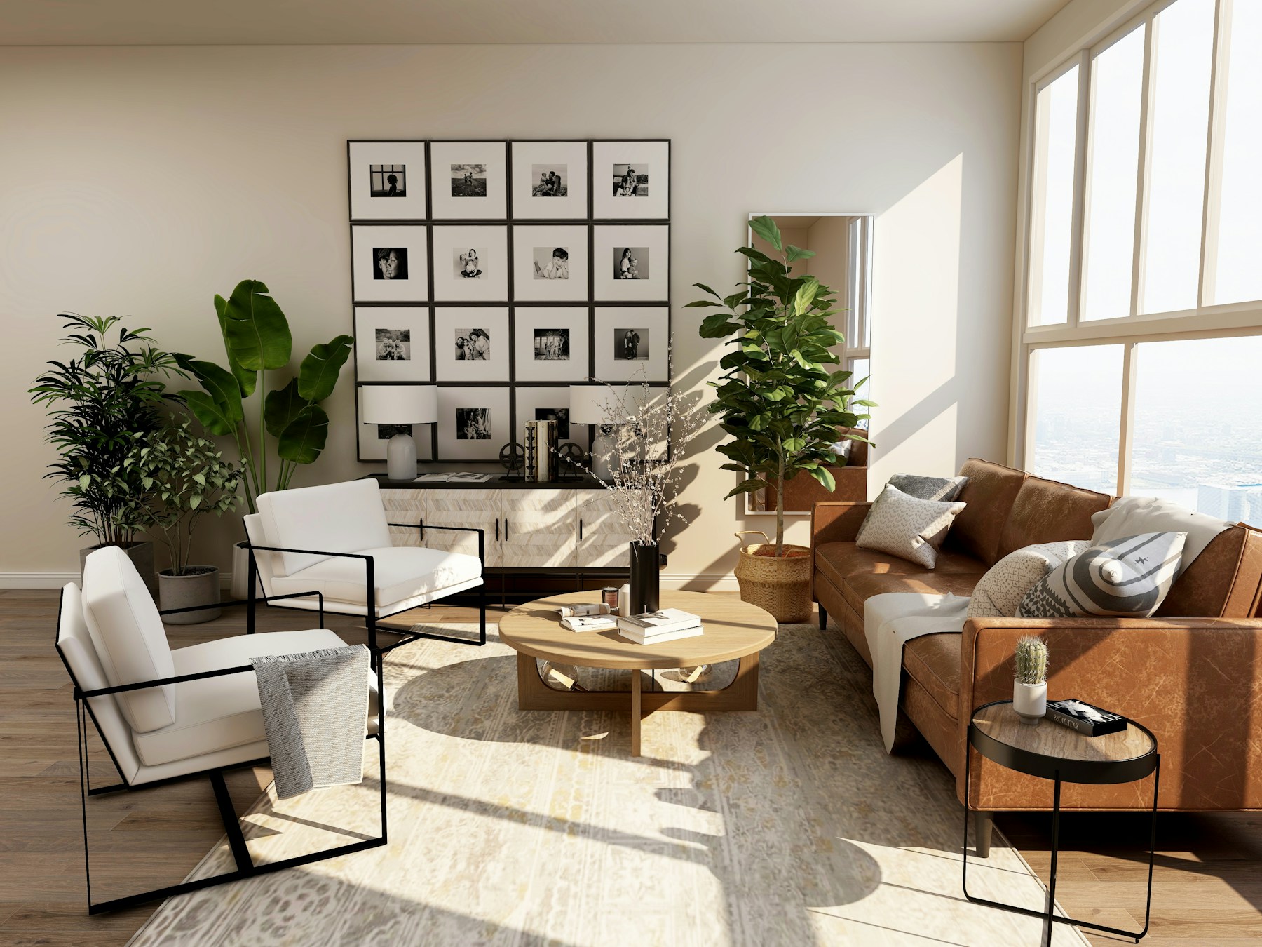 Elegant light-filled interior with wallcovering